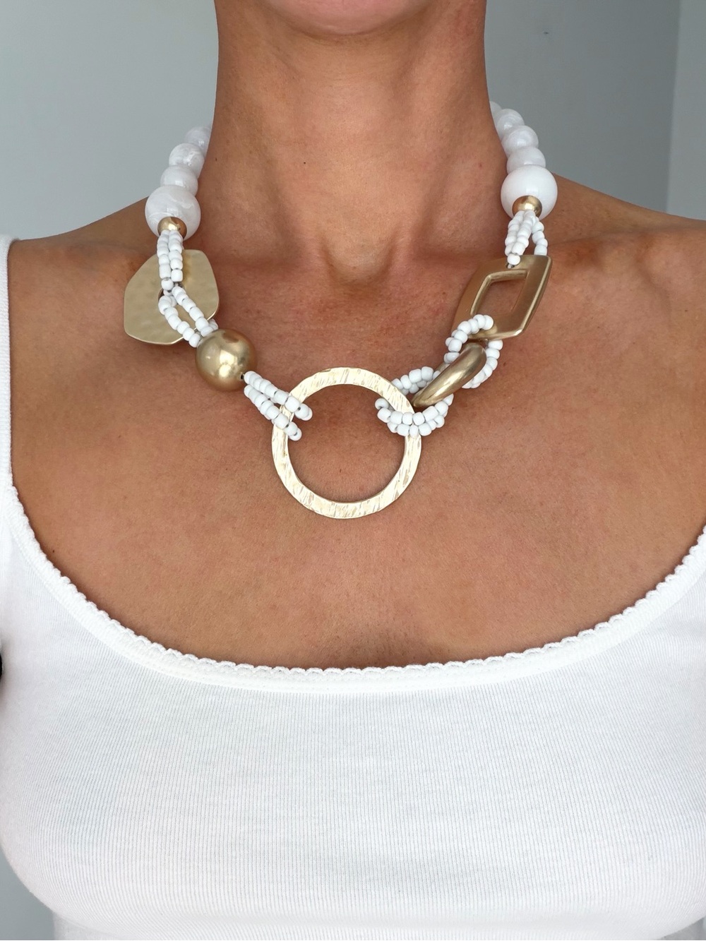 Chunky Gold & White Boho Statement Necklace